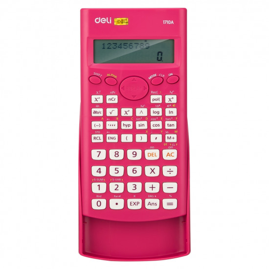 Zinātniskais kalkulators Deli 240F, 165x88x23mm, divrindu displejs, 10+2 cipari, rozā