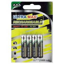 Akumultora baterijas Ultramax, 1000mAh HR6, AAA, 4gab/iep.