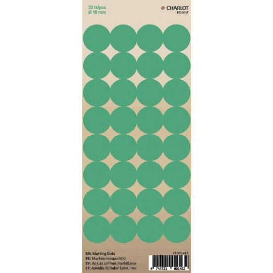 Apaļas uzlīmes marķēšanai Charlot, Ø18mm, 32gab/lpp, zaļas
