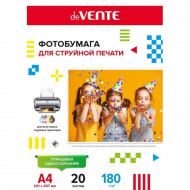 Фотобумага для струйной печати "deVENTE" A4, 20 л, 180 г/м², глянцевая односторонняя, в пластиковом пакете с европодвесом