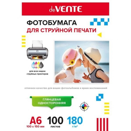 Фотобумага для струйной печати "deVENTE" A6 (10x15 см), 100 л, 180 г/м², глянцевая односторонняя, в пластиковом пакете с европодвесом