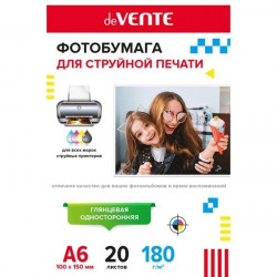 Фотобумага для струйной печати "deVENTE" A6 (10x15 см), 20 л, 180 г/м², глянцевая односторонняя, в пластиковом пакете с европодвесом