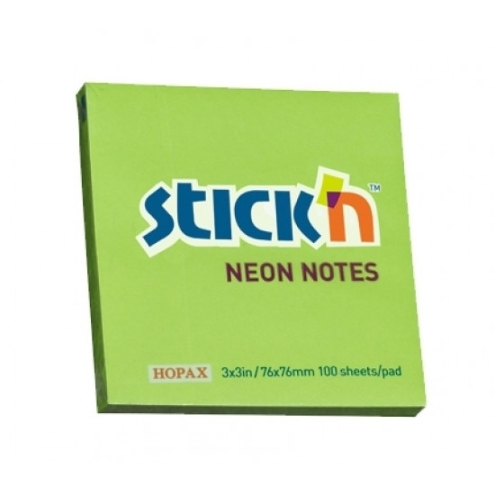 Līmlapiņas StickN 21167, 76x76mm, 100lapas, neona zaļš