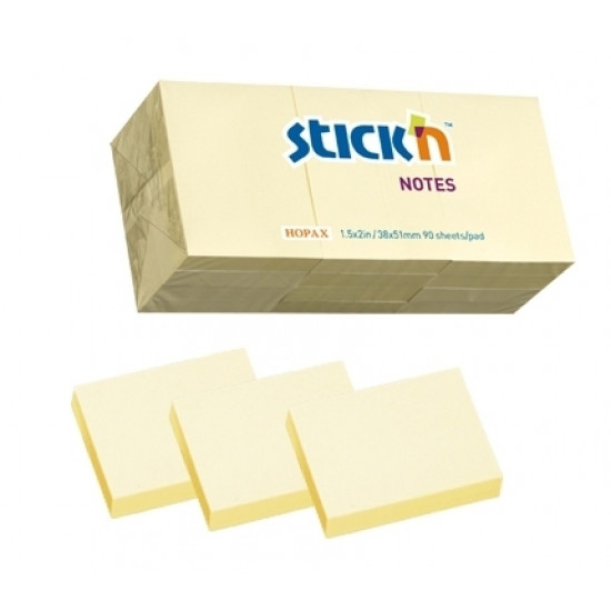 Līmlapiņas StickN 21530, 38x51mm, 100lapas, 12gab, gaiši dzeltenas