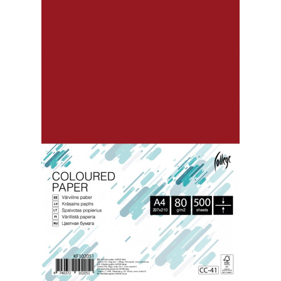 Krāsains papīrs College A4, 80g/m², 500 loksnes, CC41, Deep red