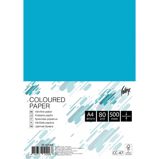 Krāsains papīrs College A4, 80g/m², 500 loksnes, CC47, Lake blue