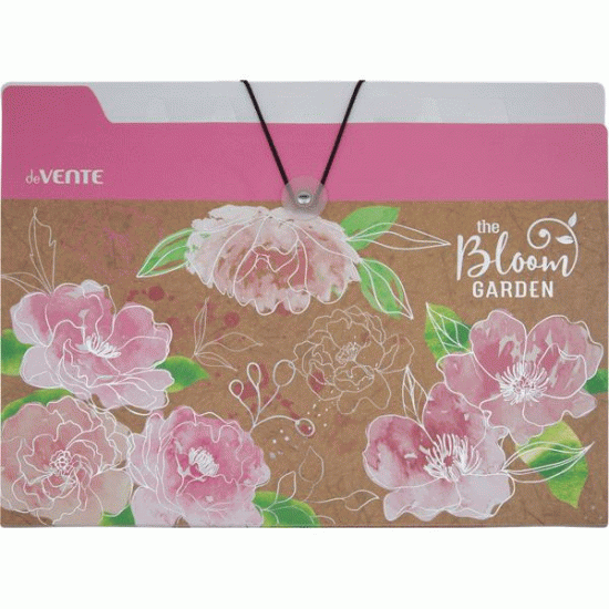 *Mape-kartotēka ar gumiju un pogu deVente Bloom Garden, A4, 600mic, ziedi rozā toņos