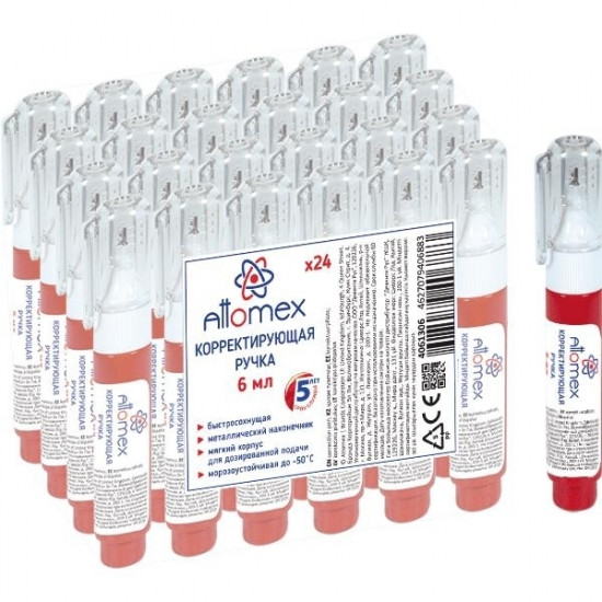 Корректирующая жидкость "Attomex" 06 мл, быстросохнущая, в ручке (трубчатая система подачи) в пластиковом поддоне