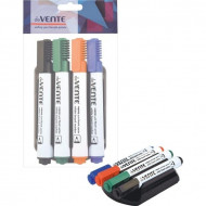 Набор маркеров Attomex для белой магнитно-маркерной доски. Конусообразный (круглый) наконечник, ширина линии 5 мм. 4 цвета + магнитная стирательная губка