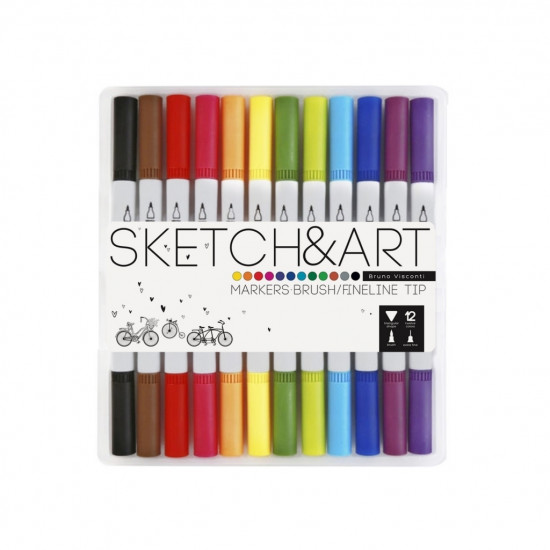 *Marķieri ar otu un flomāstertipa pildspalvām Sketch&Art, 12 krāsas, divpusēji