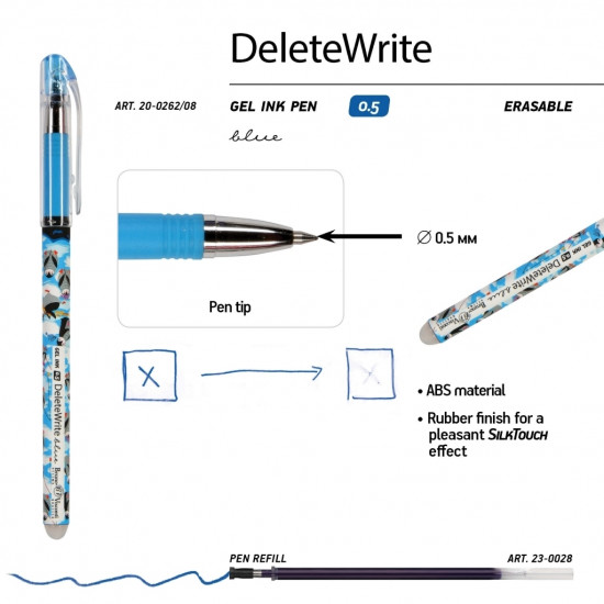 *Gēla pildspalva Bruno Visconti DeleteWrite Pingvīni, izdzēšama, 0,5mm, zila