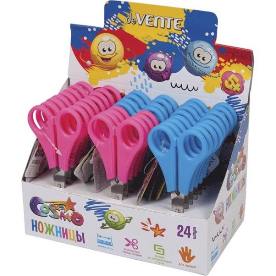 Ножницы детские для левшей "deVENTE. Cosmo Left" 13,3 см, пластиковые кольца, в картонном дисплее, 3 цвета ассорти